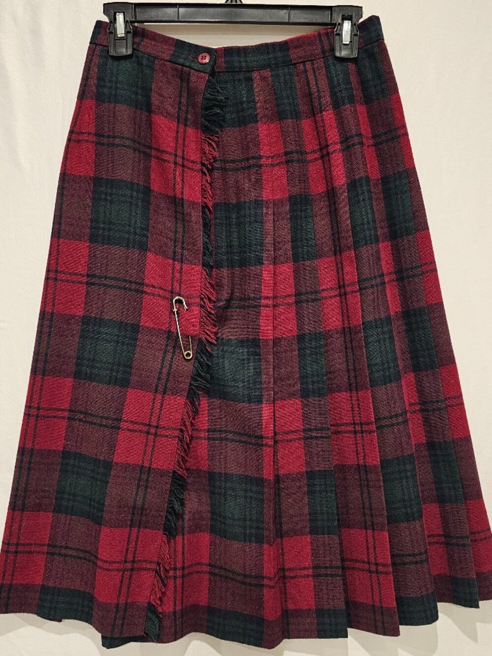 Vtg Copley Square Women' 10 Midi Plaid Wool Kilt Skirt Red Green Pleated Wrap